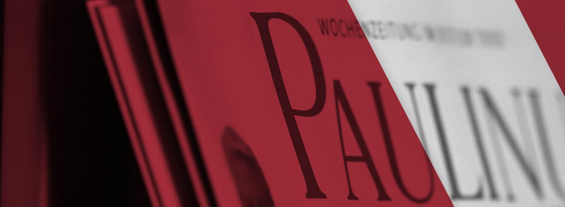 Man sieht ein Banner mit einem roten Hintergrund und mit Zeitungen. Darüber steht 'Weitere Nachrichten gibt es im gemeinsamen Newsportal von Paulinus und Bistum Trier.