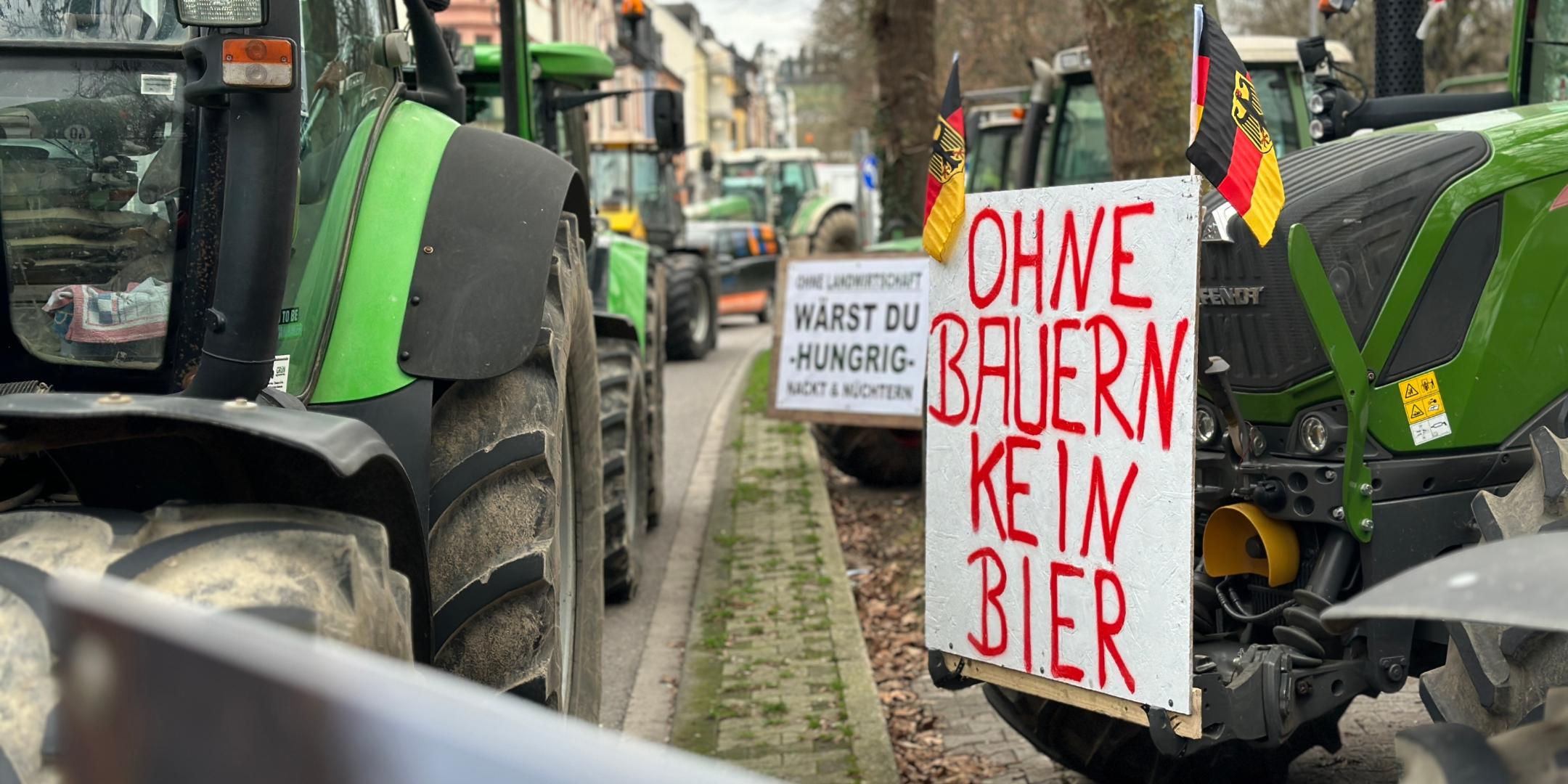 Blick in die Kaiserstraße in Trier: Die Landwirte stellten ihre Traktoren während der Kundgebung auf dem Viehmarkt rund um den Alleenring und in der Innenstadt ab.