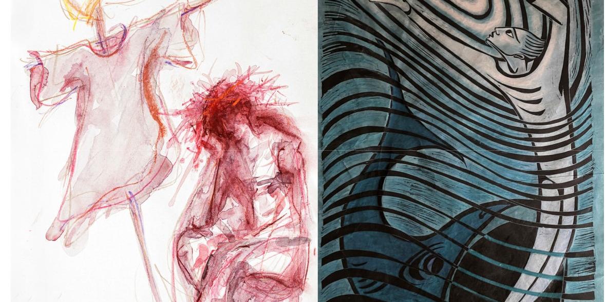 Zwei der Werke, die in Saarlouis zu sehen sind. Links: Jesus in der Rast, Aquarell, Tagebuch 2000, Privatbesitz; Rechts: Jona, Linoldruck, 1956, Ernst Alt Kunstforum