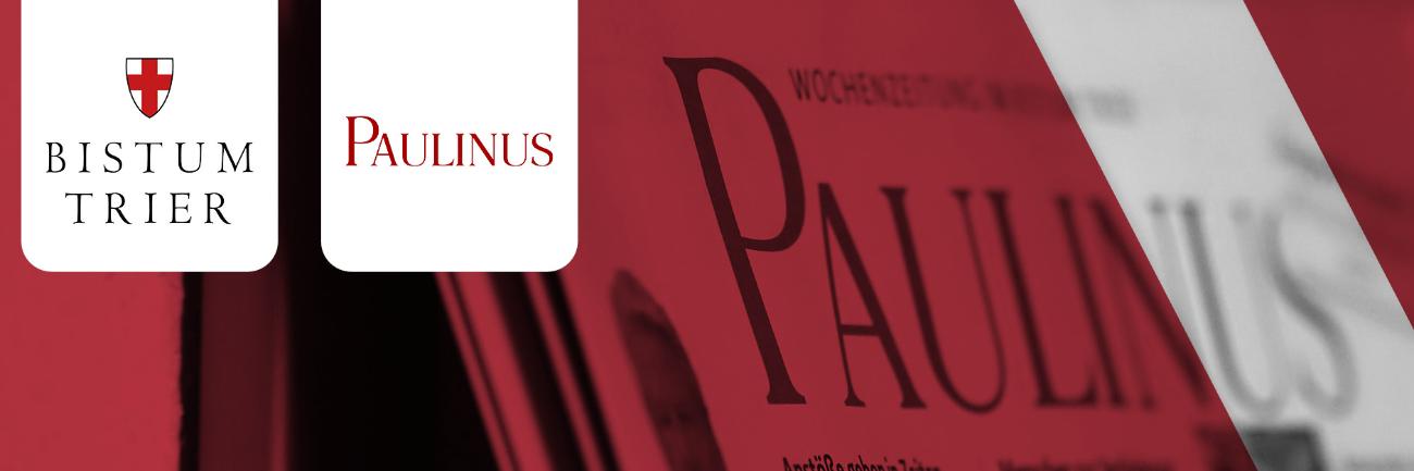 Man sieht einen Ausschnitt der Paulinuszeitung. Daneben die beiden Logos für das Bistum Trier und für den Paulinus