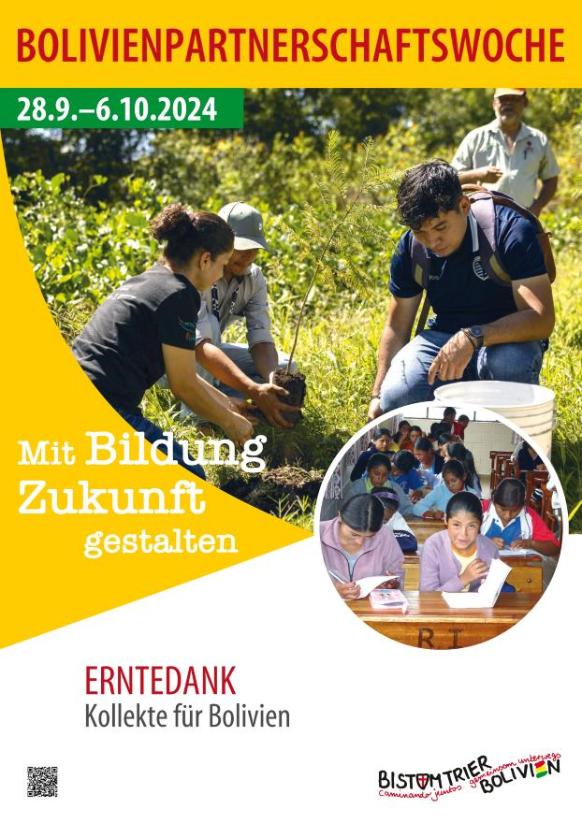 Plakat zur Bolivienpartnerschaftswoche - Das Werkheft können interessierte Pfarreien online durchblättern.