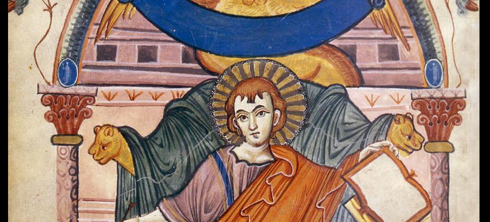 Eine der kunstvollen Evangelisten-Darstellungen: Der jugendliche Lukas taucht seine Feder ins Tintenfaß.