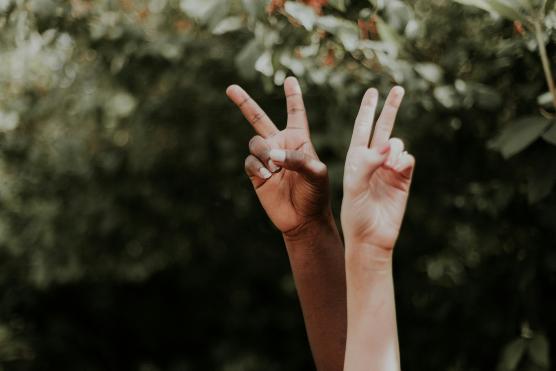Hände von zwei Personen, die das Peace-Zeichen mit den Fingern formen.