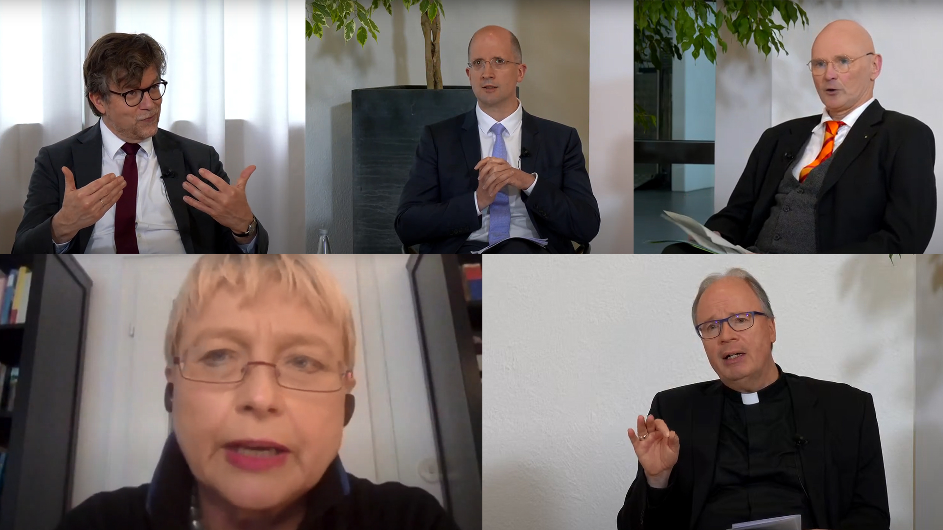 vlnr. Professor Volker Leppin, Präses Dr. Thorsten Latzel, Professor Andreas Mühling darunter: Professorin Johanna Rahner und Bischof Dr. Stephan Ackermann