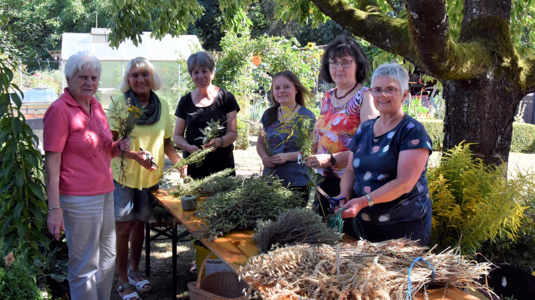 Marlene Klein, Birgit Litz, Silvia Kockler, Sophie Wilhelm, Gabriele Schneider-Lüder und Doris Therre (von links) binden Kräutersträuße für Maria Himmelfahrt. Foto: Ute Kirch