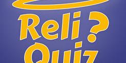 Logo des Reli-Quiz, goldene Schrift auf blauem Hintergrund