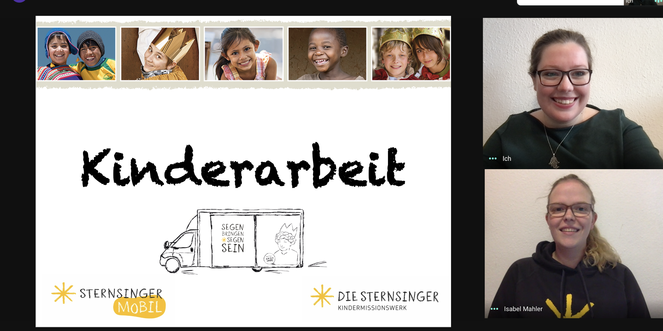 Die Referentinnen Alena Schmitz (oben) und Isabel Mahler vermitteln Kindern auf spielerische Art und Weise Wissen über die Sternsingeraktion. Screenshot: Kindermissionswerk 'Die Sternsinger'.