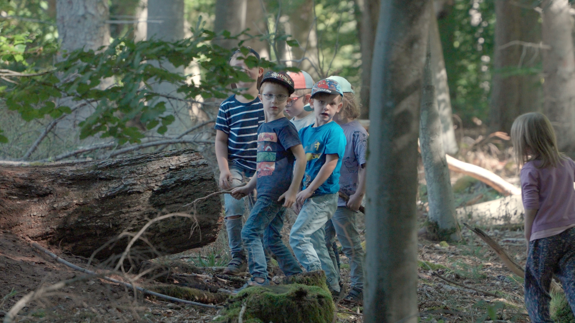 Naturerlebnis im Wald: Von links in der vorderen Reihe: Nils Groß, Valentin Berg, von links in der hinteren Reihe: Benedikt Hugo Blaß, Elias Noh und Hannes Schlegel, ganz rechts: Emma Gabriel Foto: Joachim Wollschläger/ME Saar