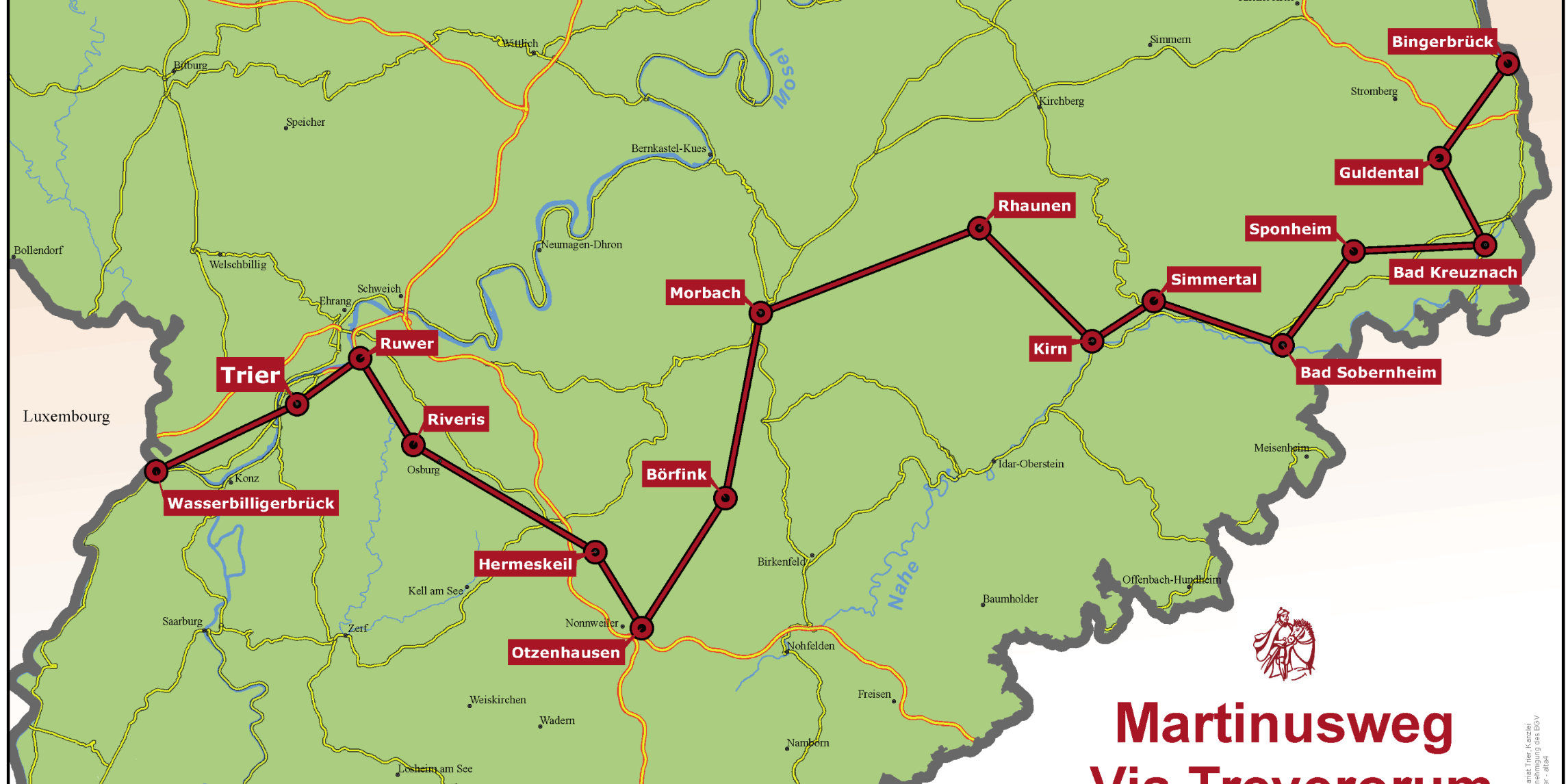 Landkarte mit eingezeichnetem Wegverlauf des Martinswegs